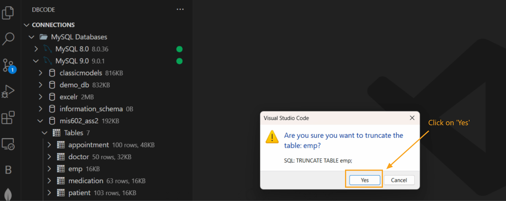 Truncate confirmation dialog