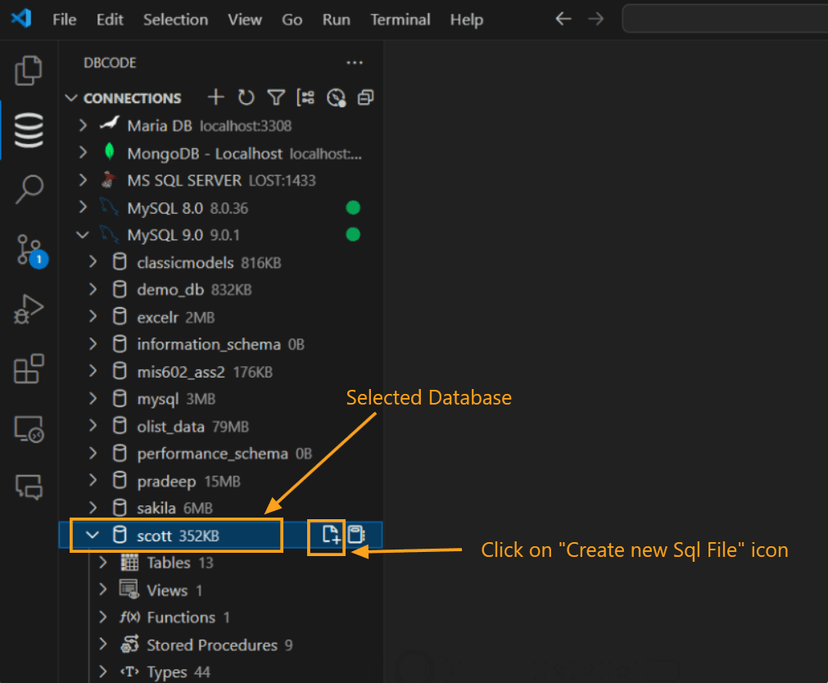 Creating a new SQL file from the Connections panel