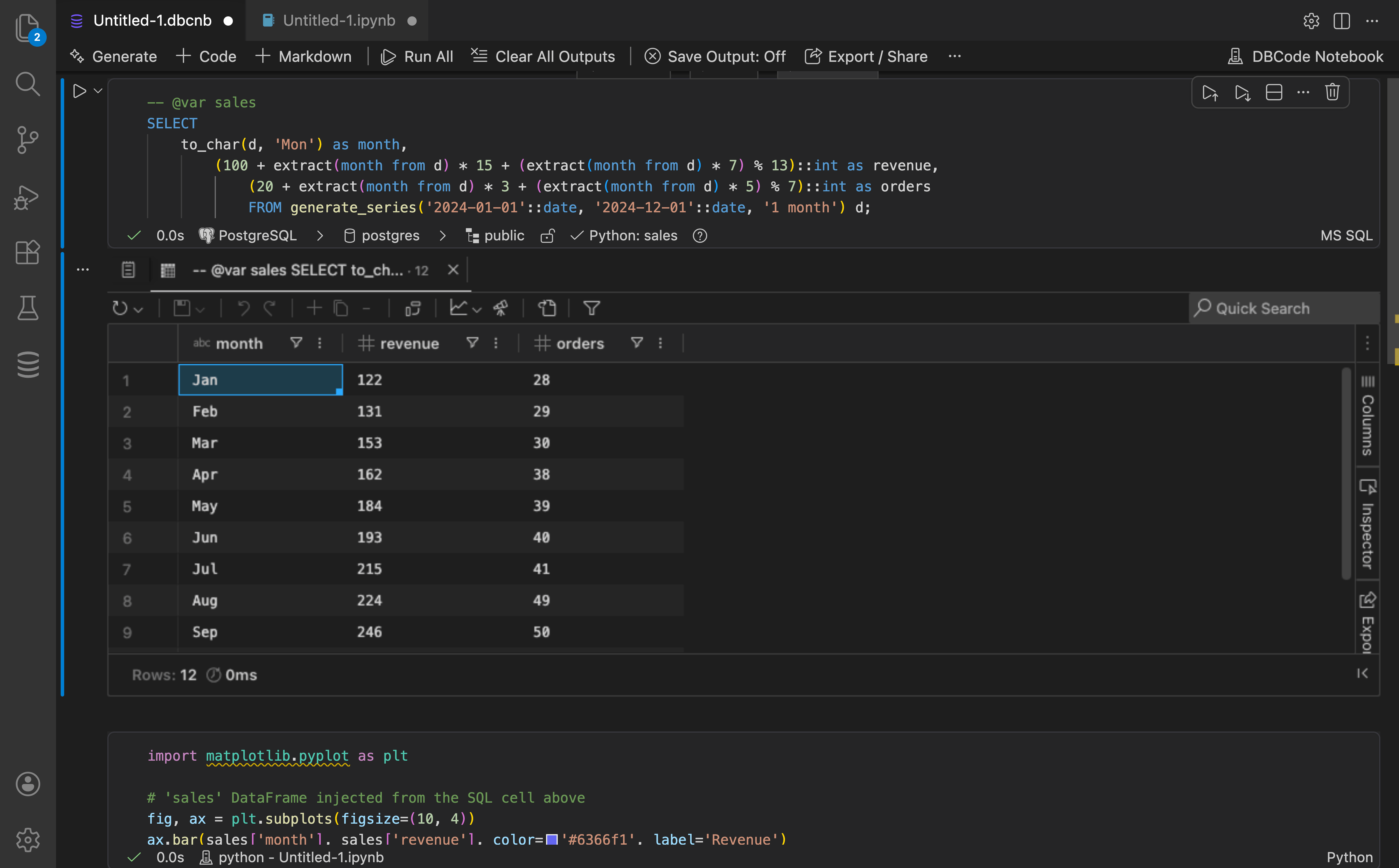 DBCode Notebook showing a SQL cell with @var sales annotation, executed query results in a data grid, and the start of a Python cell below