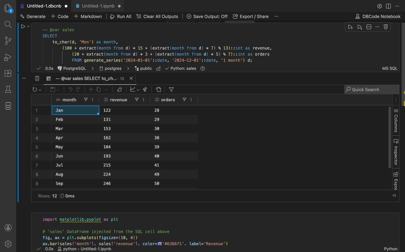DBCode Notebook showing a SQL cell with @var sales annotation, executed query results in a data grid, and the start of a Python cell below