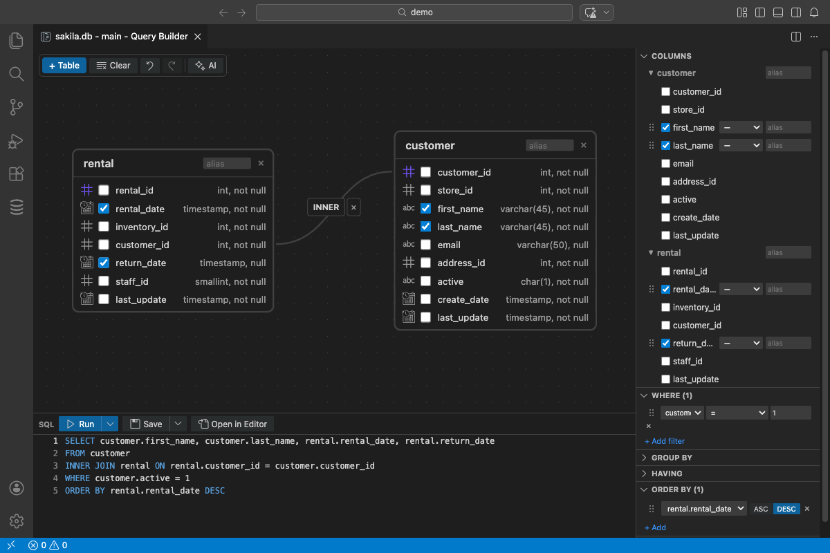 DBCode query builder showing visual table joins, column selection, and auto-generated SQL