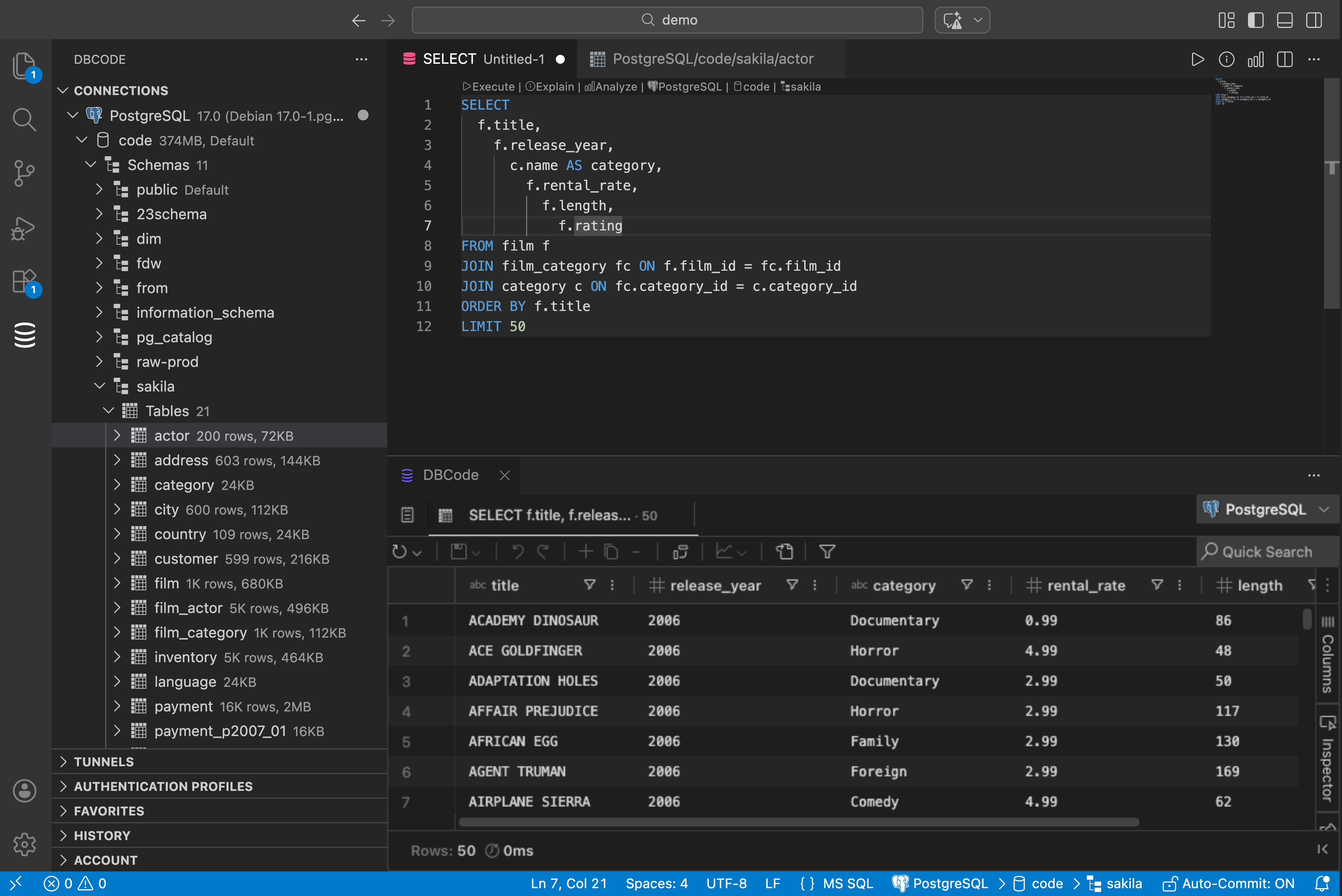 DBCode SQL editor showing query with syntax highlighting, database explorer sidebar, and results grid