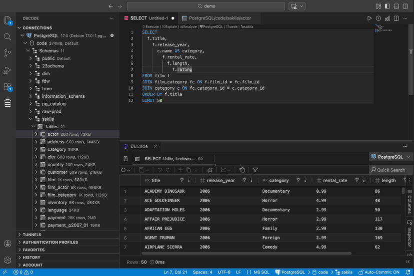 SQL query with results in VS Code