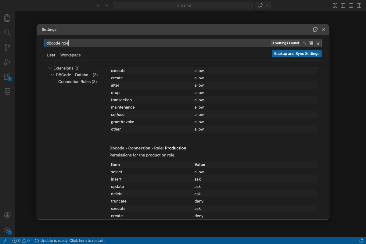 Role settings for the Production role showing a mix of allow, ask, and deny permissions
