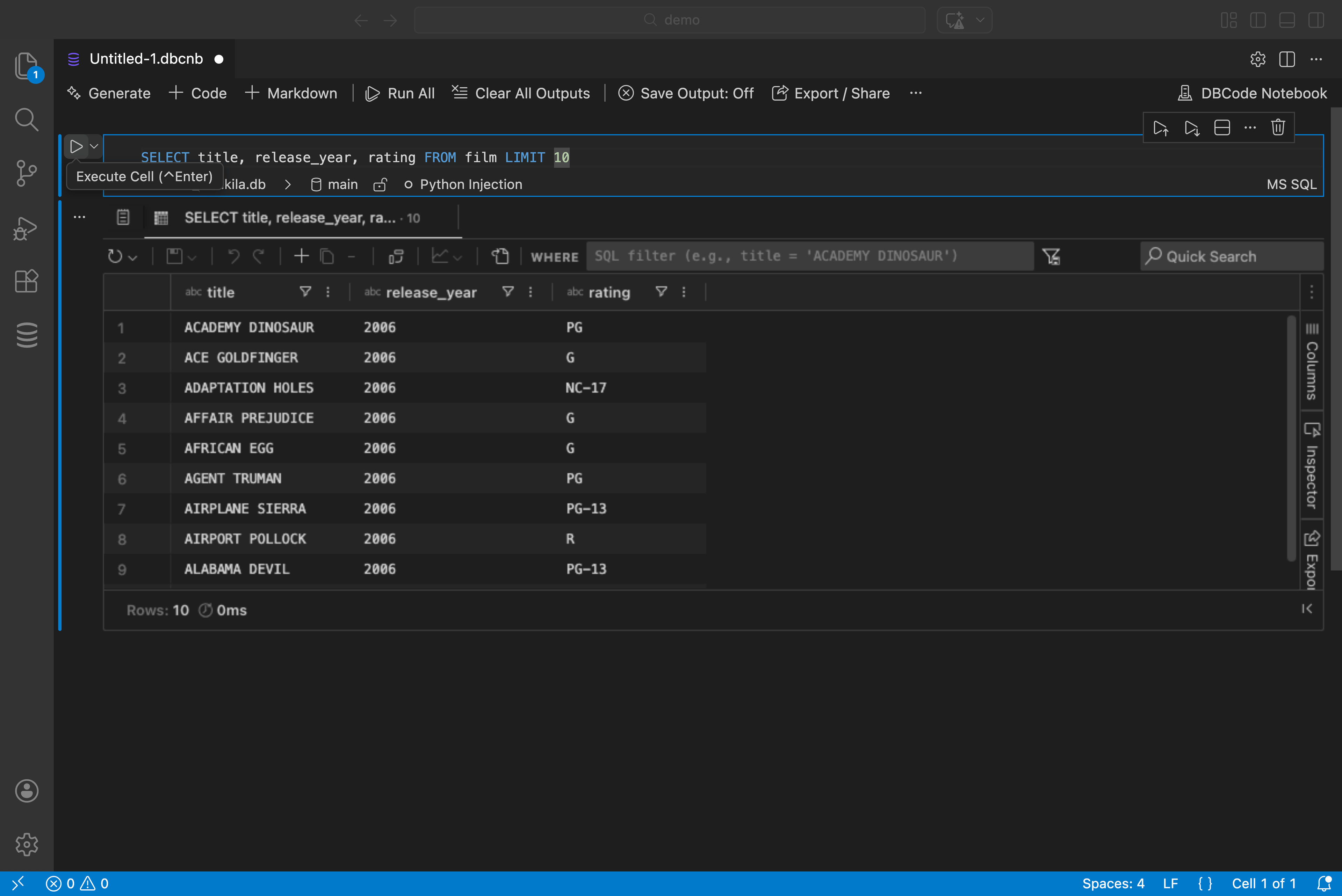 DBCode SQL notebook with code cells, query results, and markdown documentation