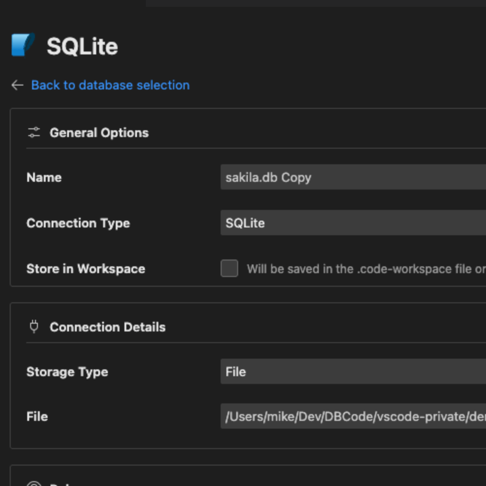 New Connection form with pre-filled settings from the copied connection