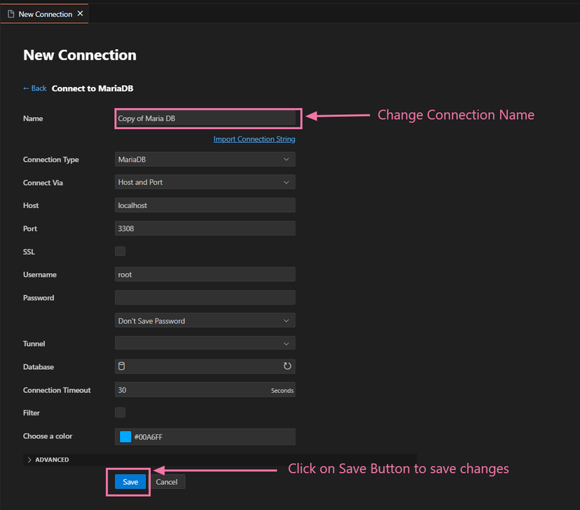 Save copied connection