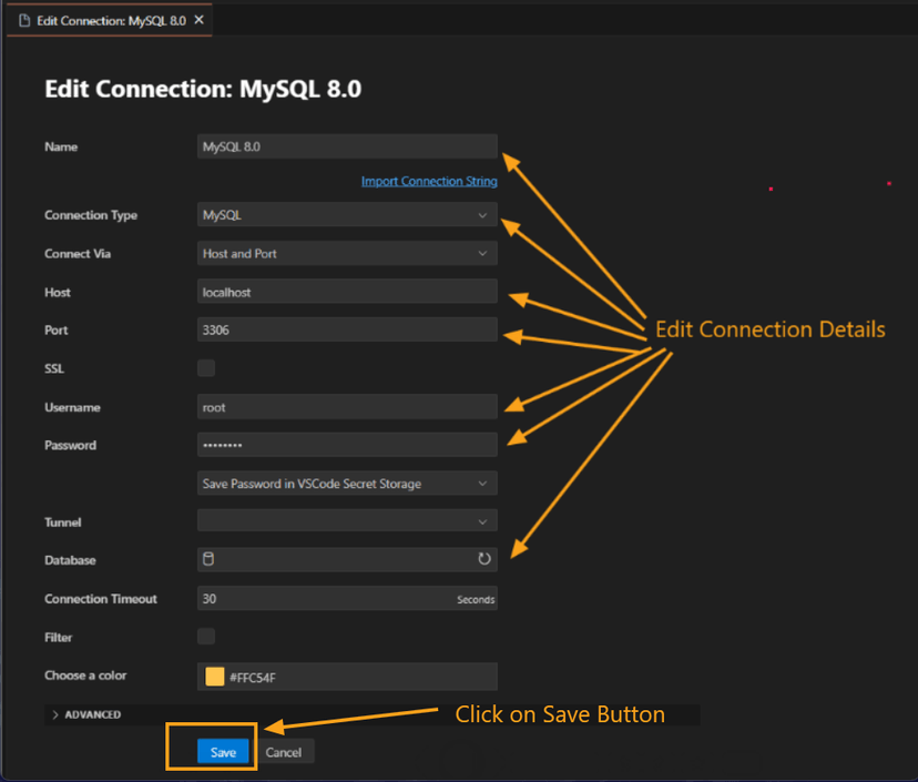Save connection button