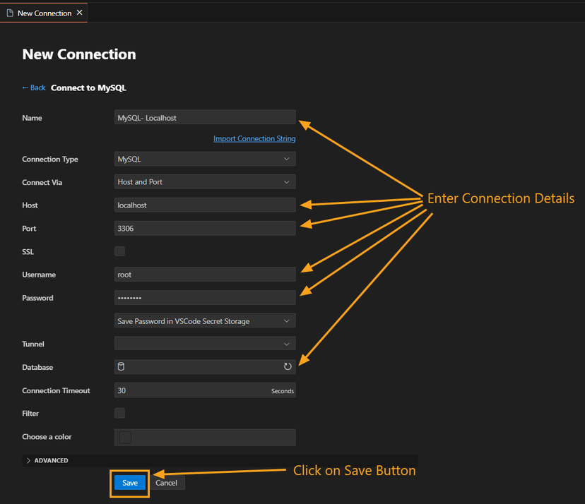 Save connection button