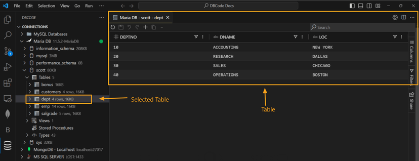 Selecting a table