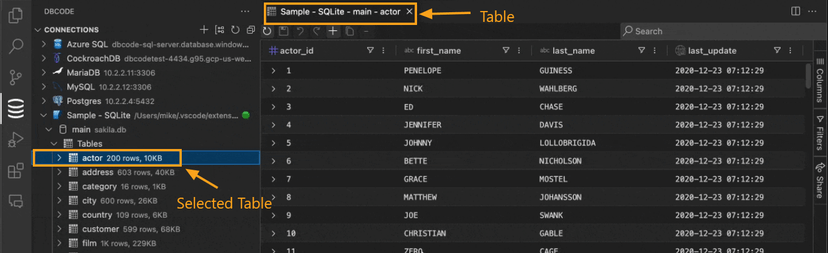 Selected database table