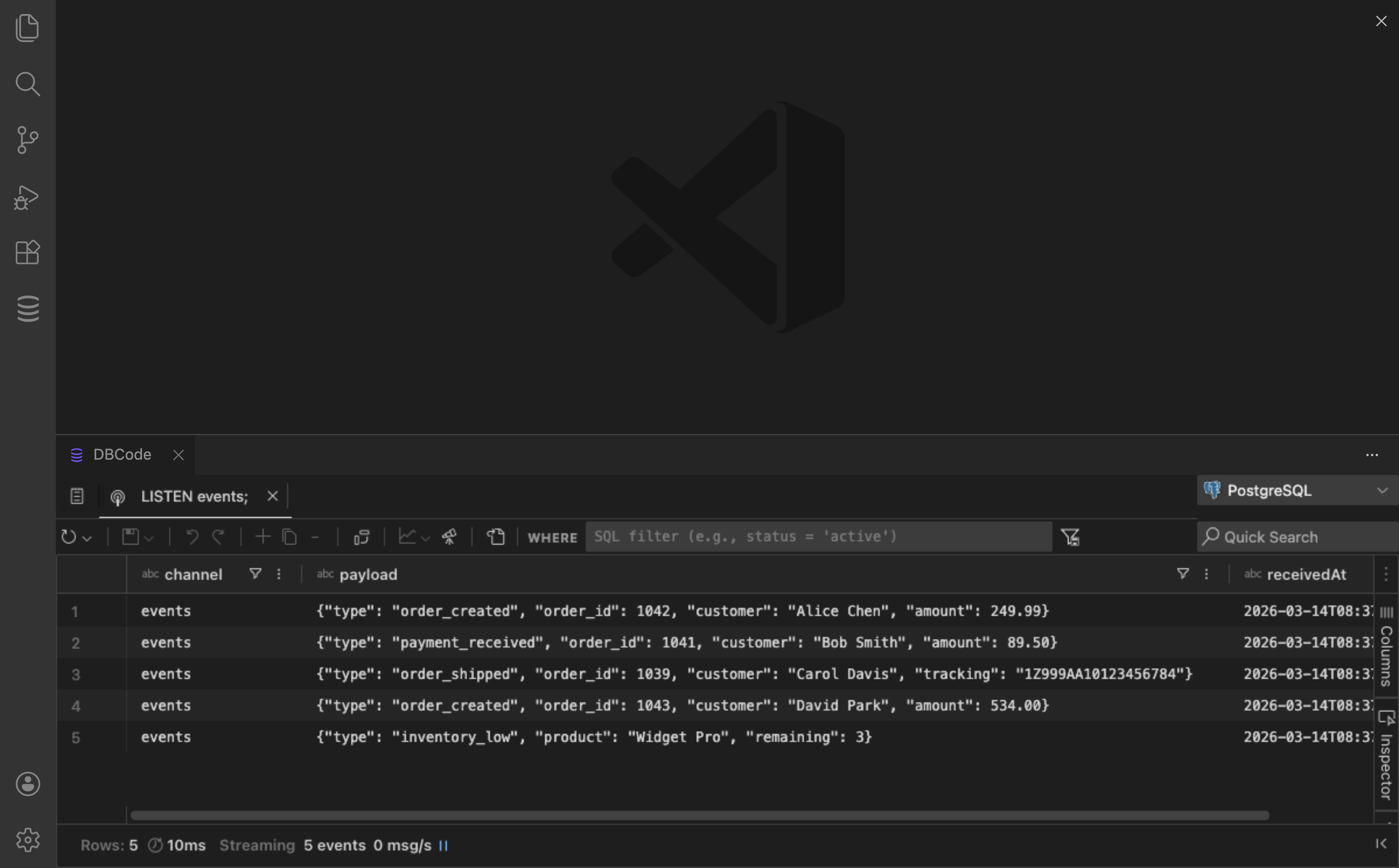 Streaming grid showing live PostgreSQL LISTEN/NOTIFY events with channel, payload, and timestamp columns