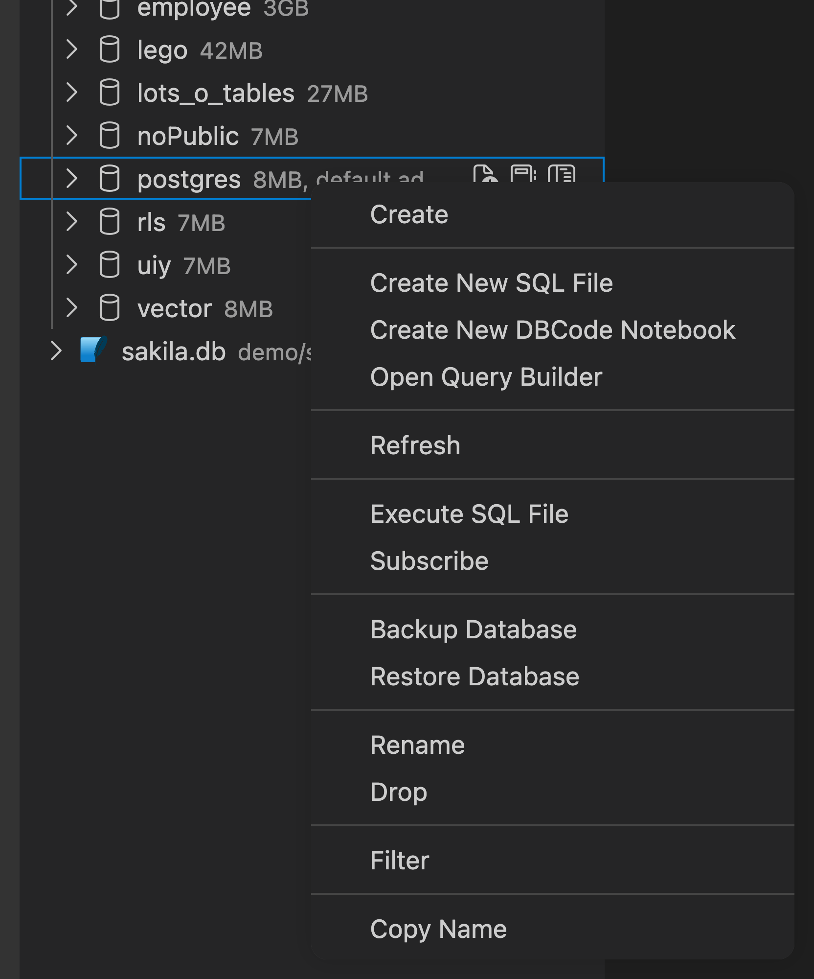 Right-click context menu on a PostgreSQL database showing the Subscribe option