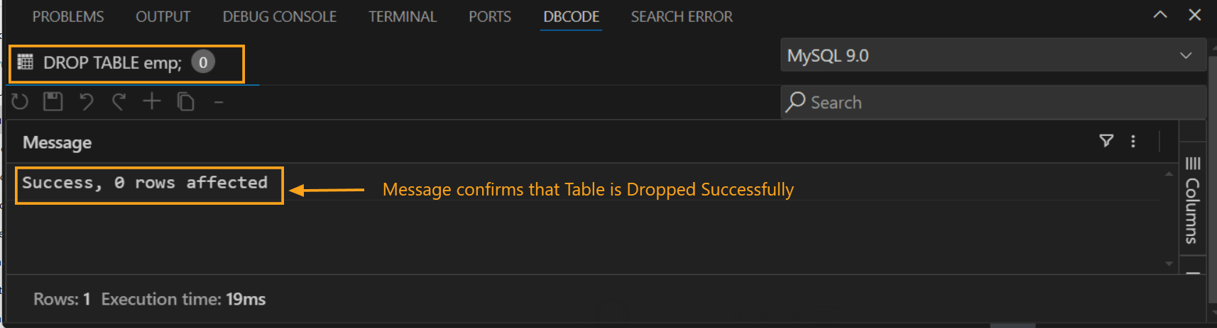 Success message after dropping table
