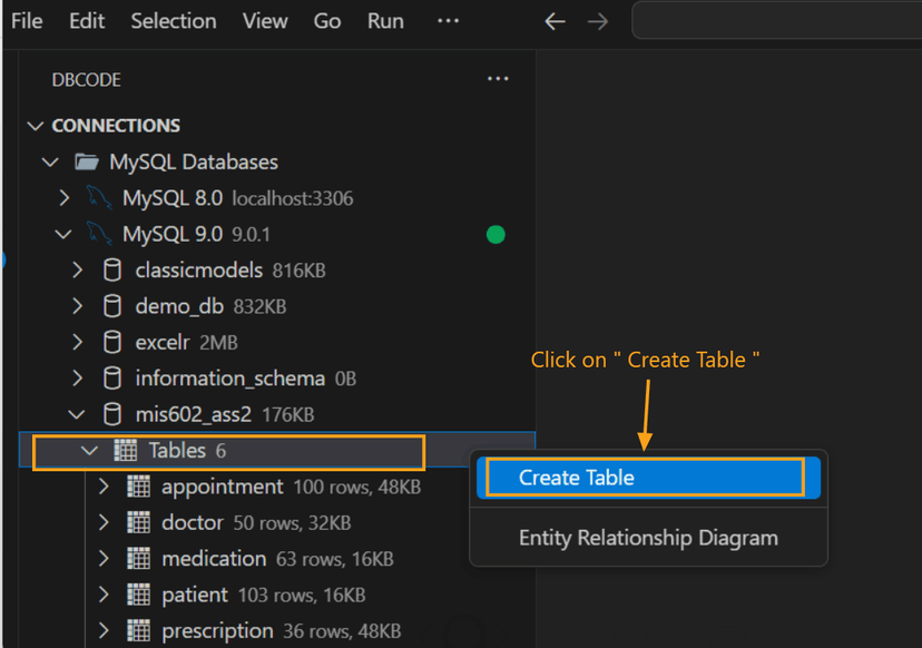 Tables context menu