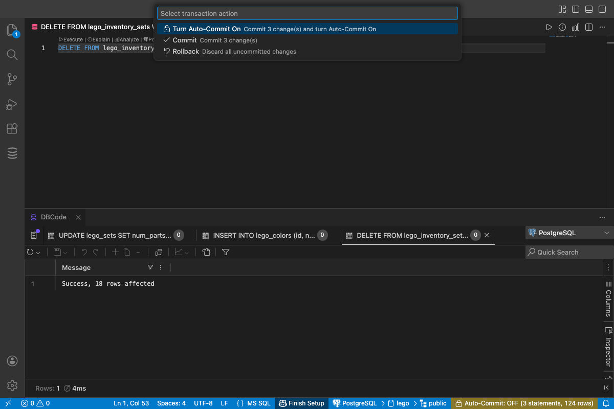 Transaction menu showing commit and rollback options