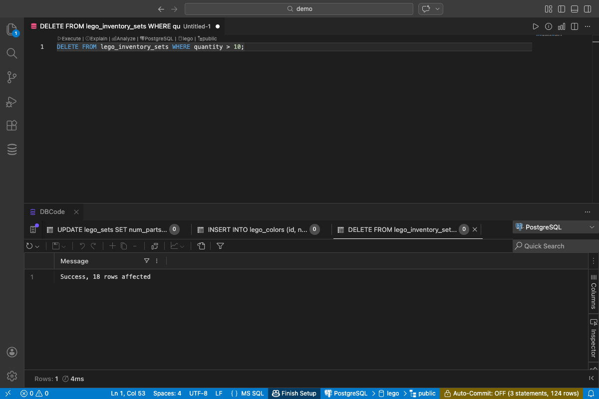 Transaction status bar showing uncommitted changes