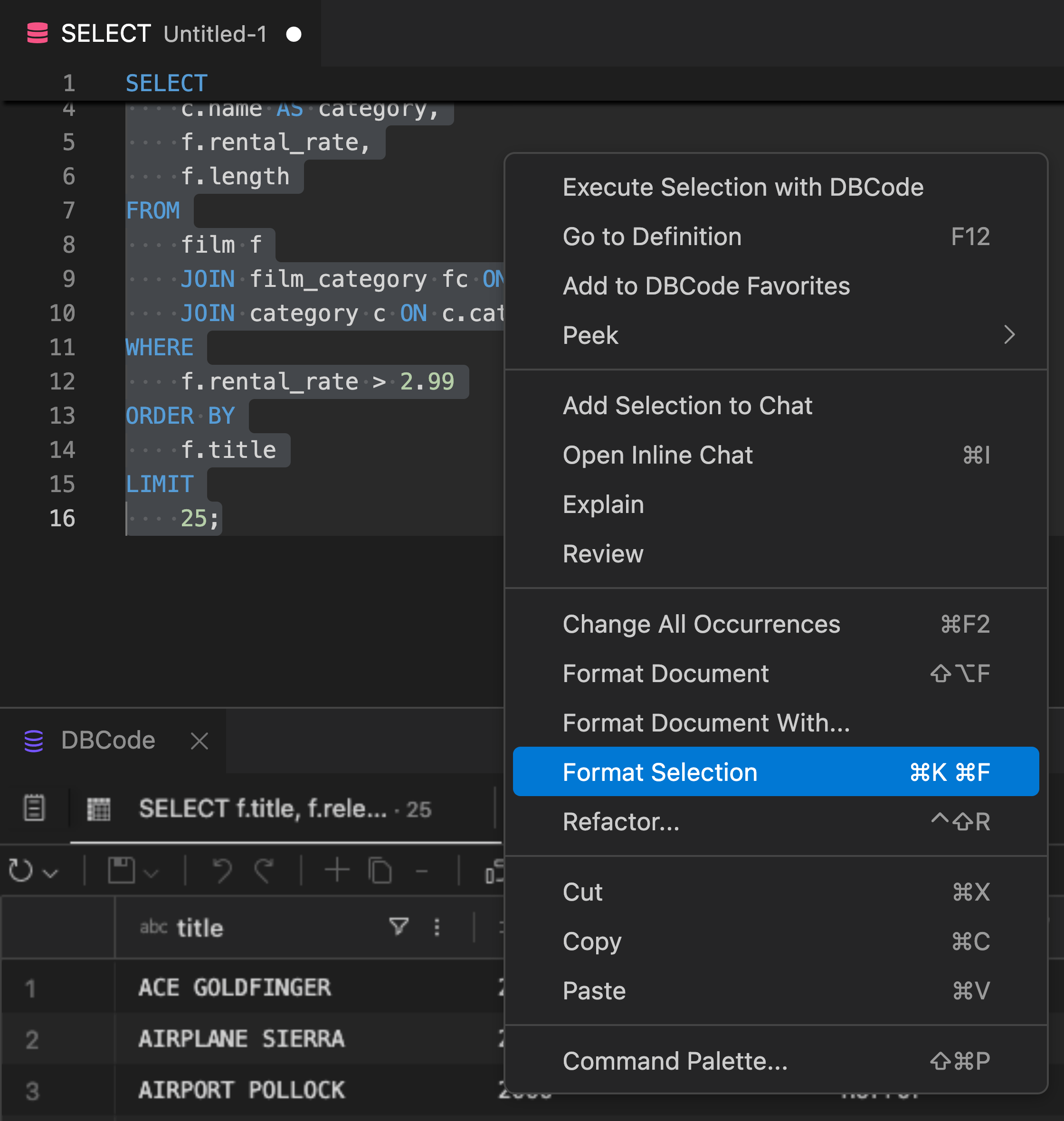 Formatting selected code