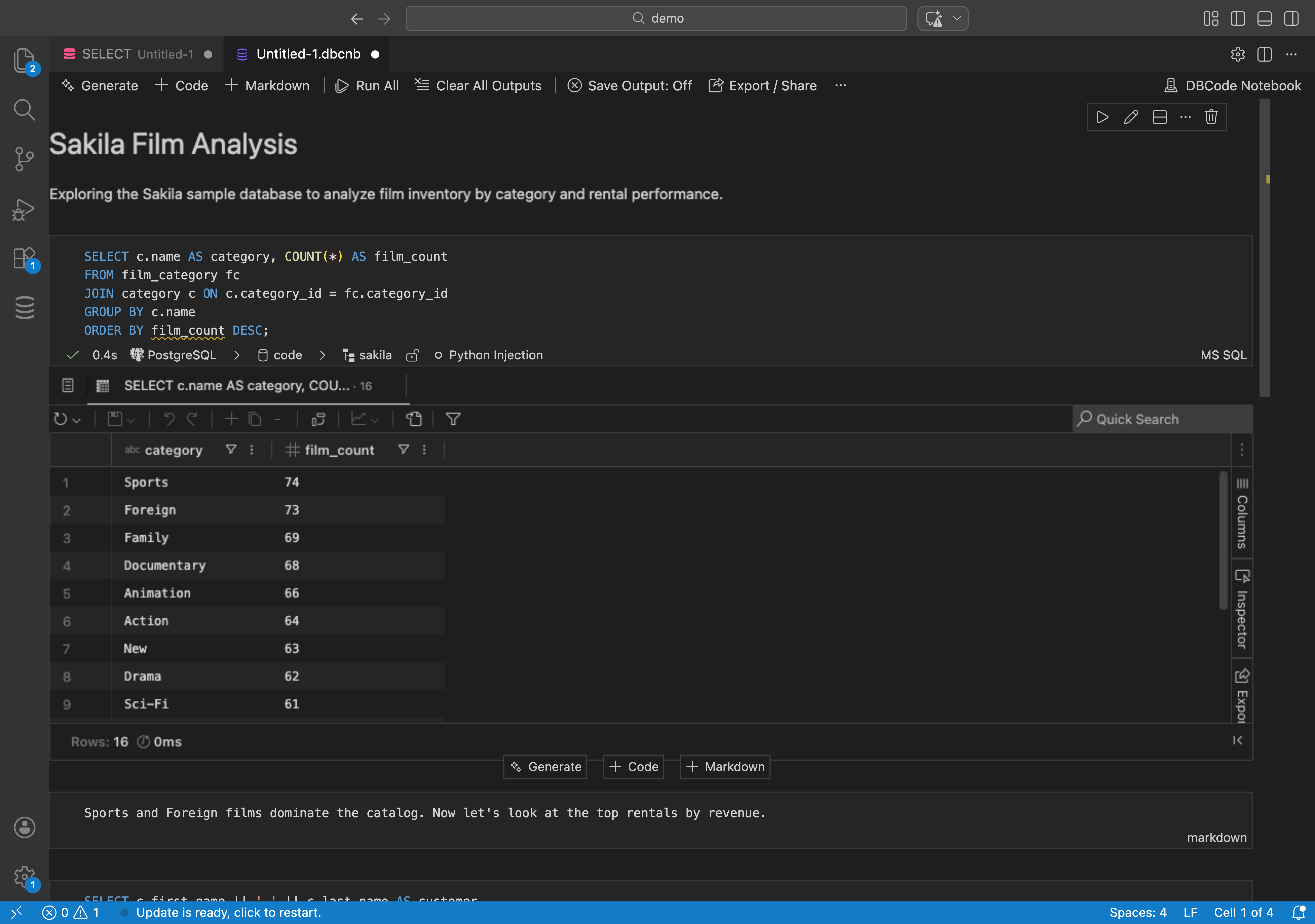 A SQL notebook with mixed queries, markdown notes, and inline results